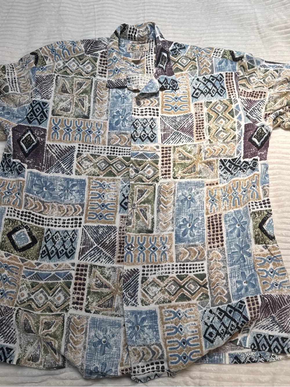 Men's Short-Sleeve Patterned Button-Up Shirt - Blue/Green/Beige